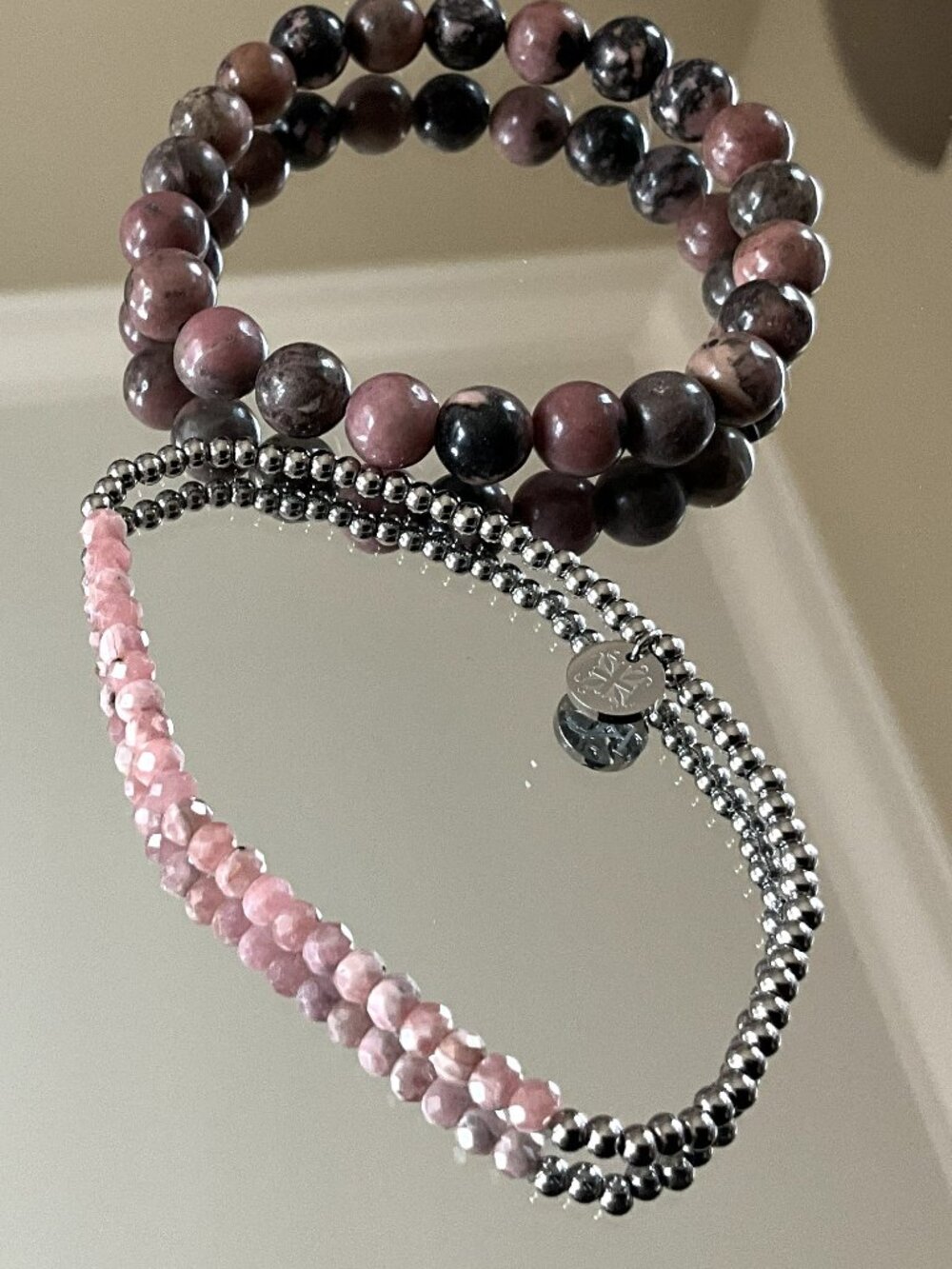 Rustic Cuff Stainless and stone Pink Stretch Bracelet with Matching Bonus